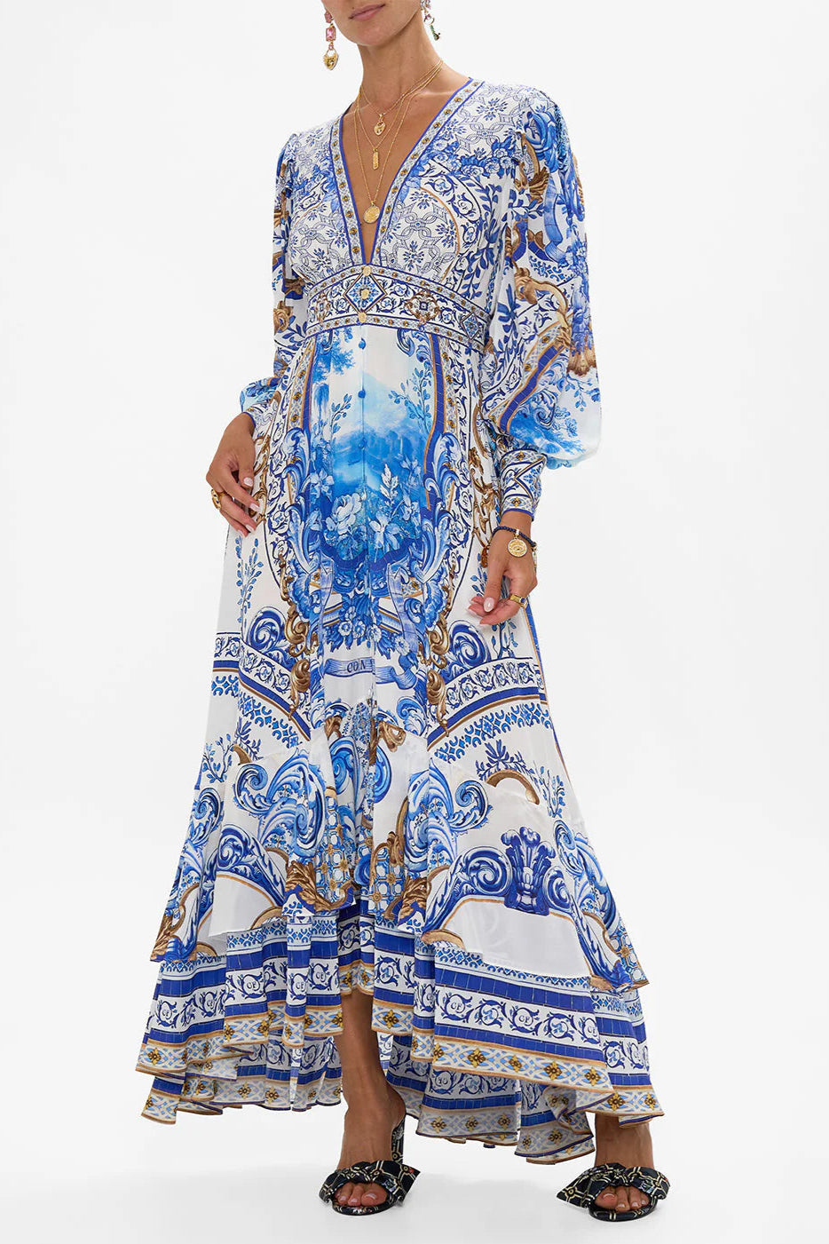 CAMILLA LONG BUTTON FRONT SILK DRESS - AZUL ADVENTURES MaruschkadeMargo CAMILLA LONG BUTTON FRONT SILK DRESS - AZUL ADVENTURES MaruschkadeMargo