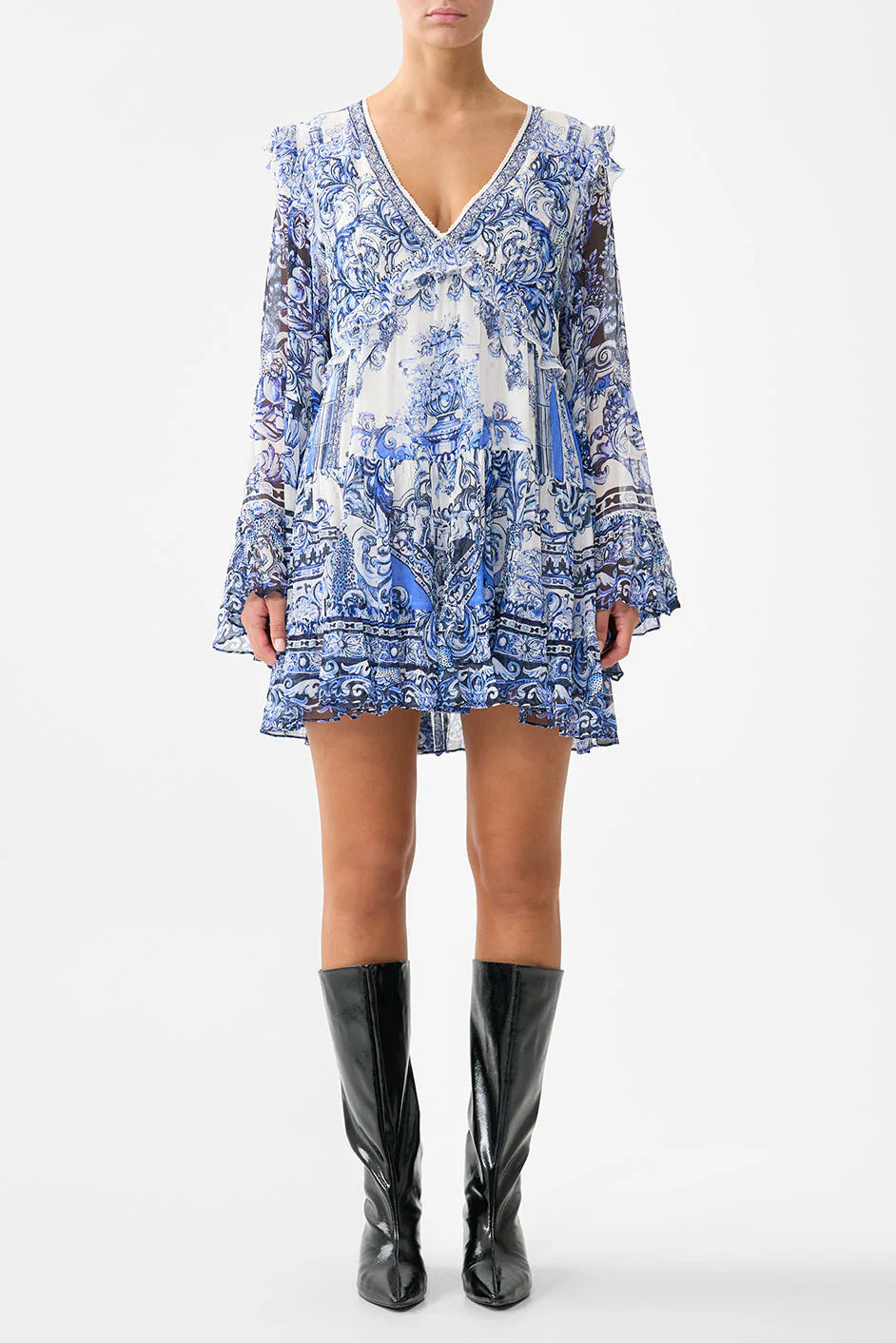 camilla silk mini dress Camilla Silk Tiered Swing Mini Dress