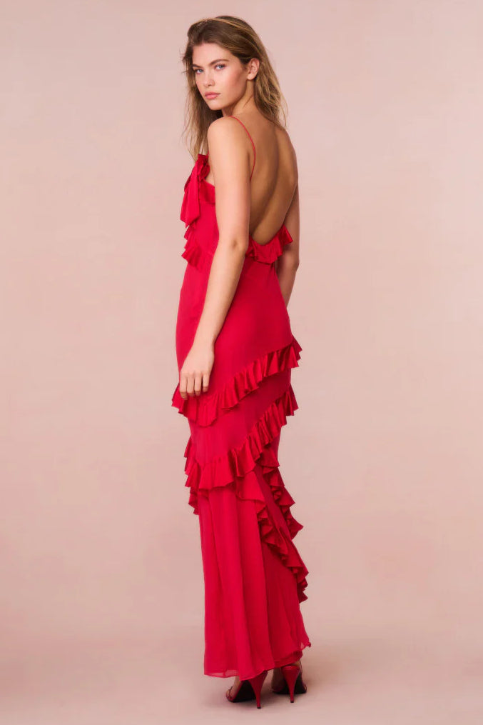 LOVESHACKFANCY RIALTO RED SILK RUFFLE MAXI DRESS EU 38 LOVESHACKFANCY RIALTO RED SILK RUFFLE MAXI DRESS EU 38