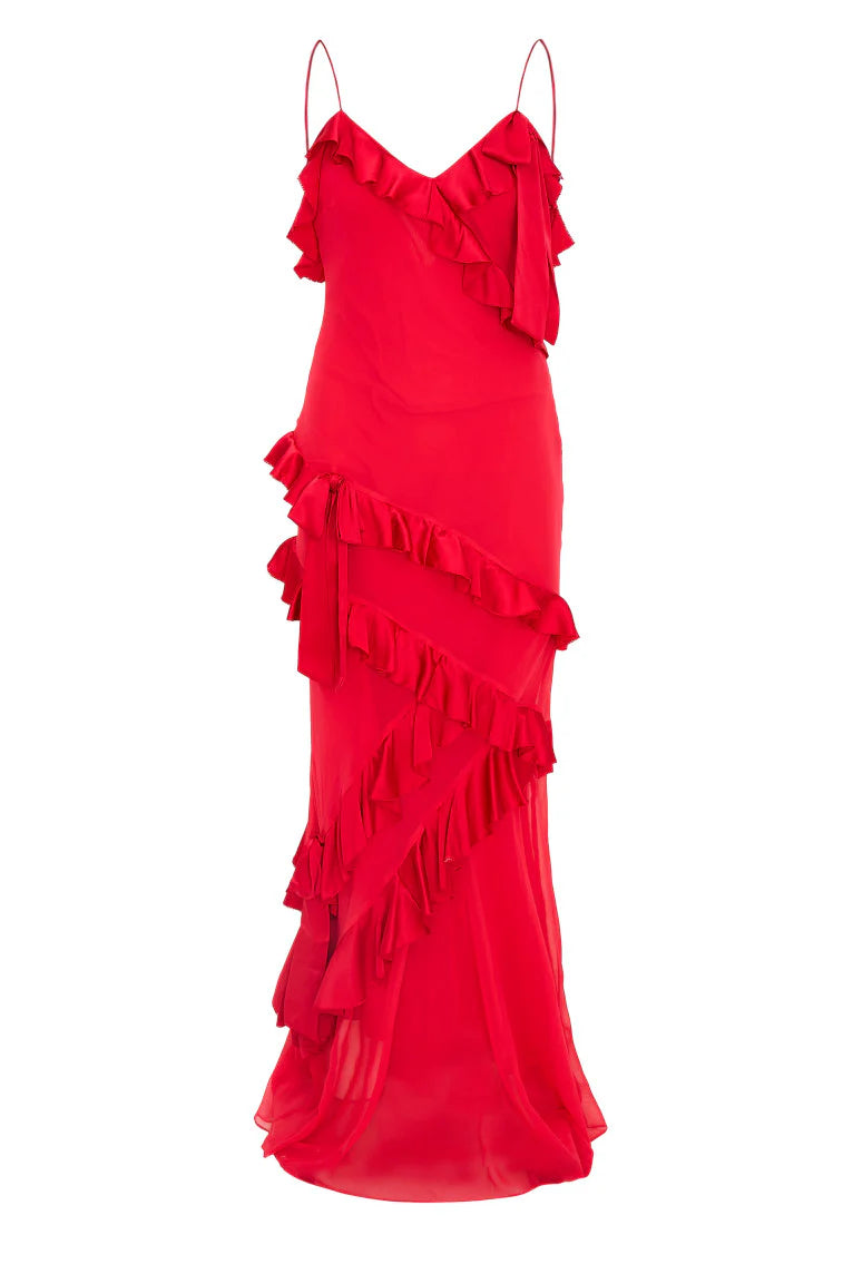 LOVESHACKFANCY RIALTO RED SILK RUFFLE MAXI DRESS EU 38 LOVESHACKFANCY RIALTO RED SILK RUFFLE MAXI DRESS EU 38