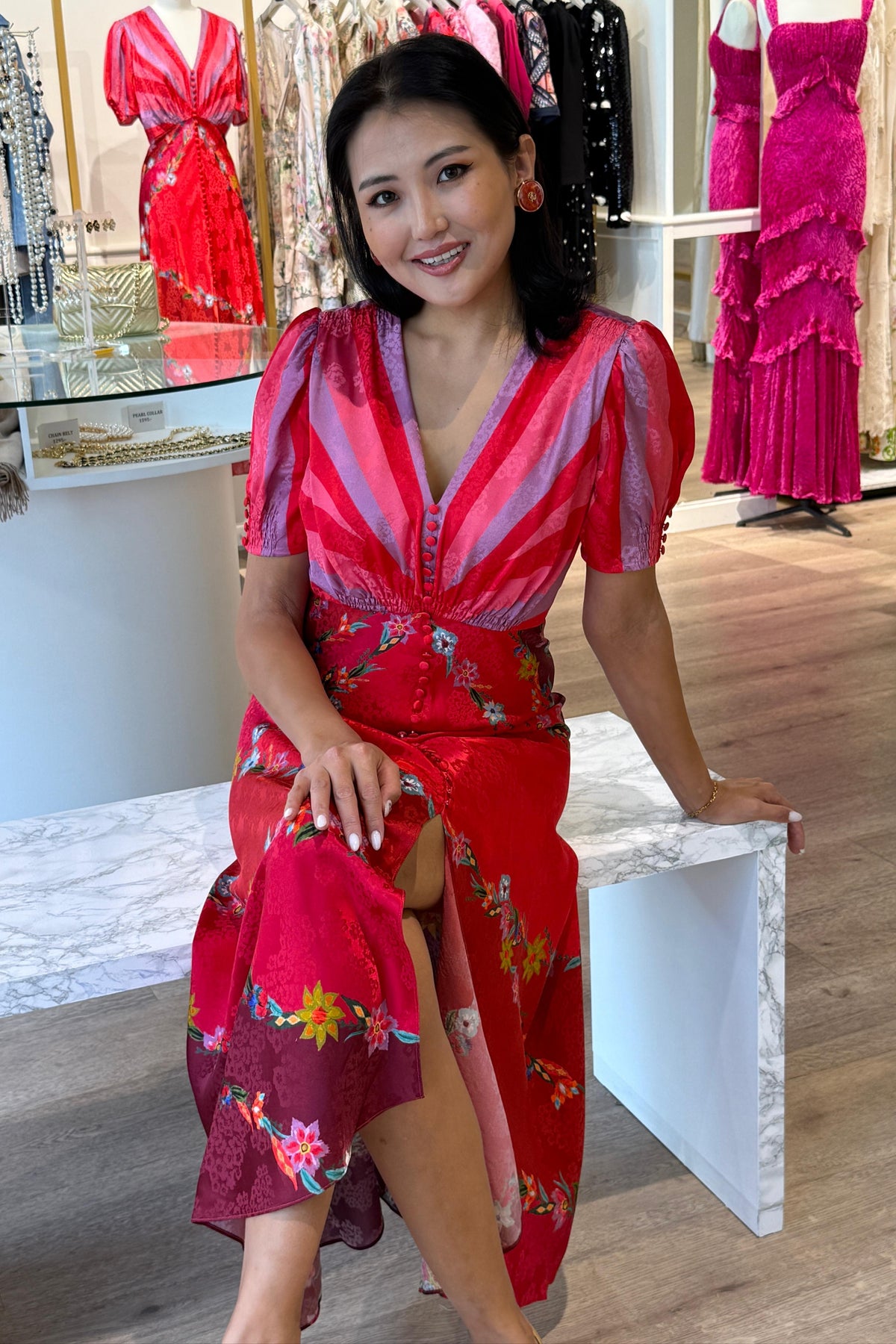 SALONI LEA C SILK LONG DRESS- BLOOM STAMPED STELLATE GARDEN SALONI LEA C SILK LONG DRESS- BLOOM STAMPED STELLATE GARDEN